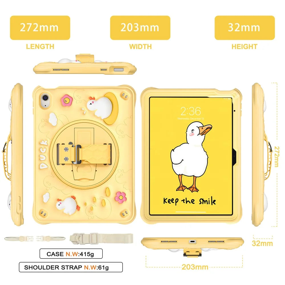 For iPad (2025) / 10.9 (2022) Case with Shoulder Strap Duck Pattern Hand Strap Kickstand PC+Silicone+TPU Cover - 7