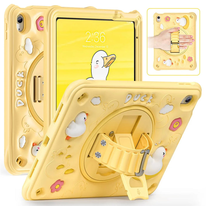 For iPad (2025) / 10.9 (2022) Case Duck Pattern Hand Strap Kickstand PC+Silicone+TPU Tablet Cover - 1