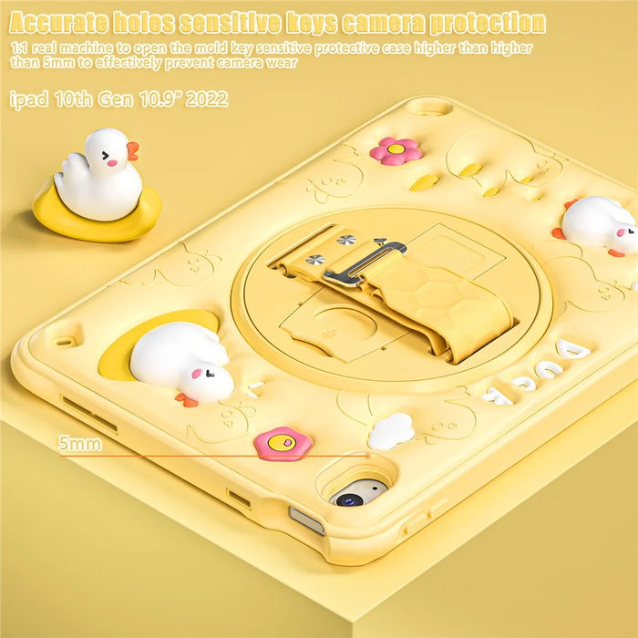 For iPad (2025) / 10.9 (2022) Case Duck Pattern Hand Strap Kickstand PC+Silicone+TPU Tablet Cover - 5
