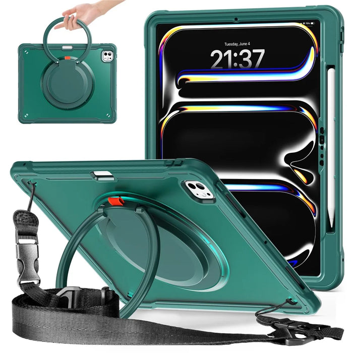 For iPad Pro 13 (2025) / (2024) Case Rotary Kickstand PC+TPU+Silicone Cover with Shoulder Strap - Midnight Green - 1