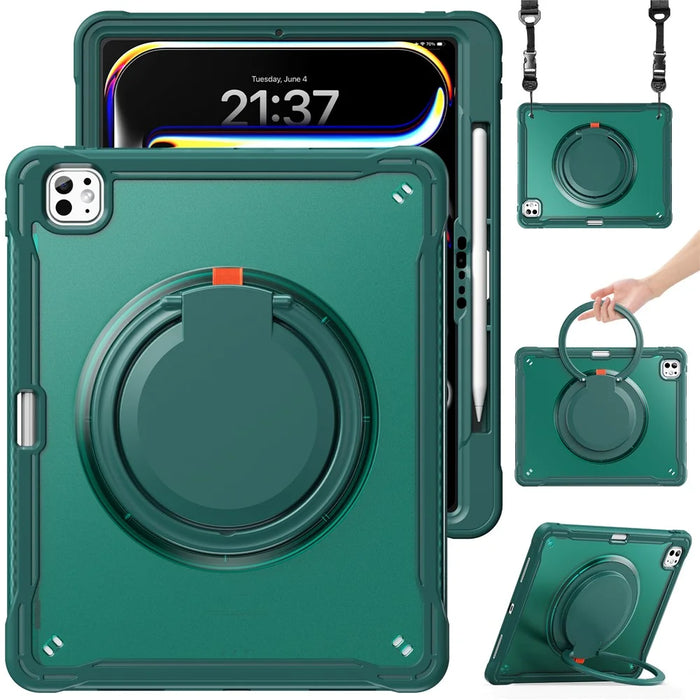 For iPad Pro 13 (2025) / (2024) Case Rotary Kickstand PC+TPU+Silicone Cover with Shoulder Strap - Midnight Green - 2