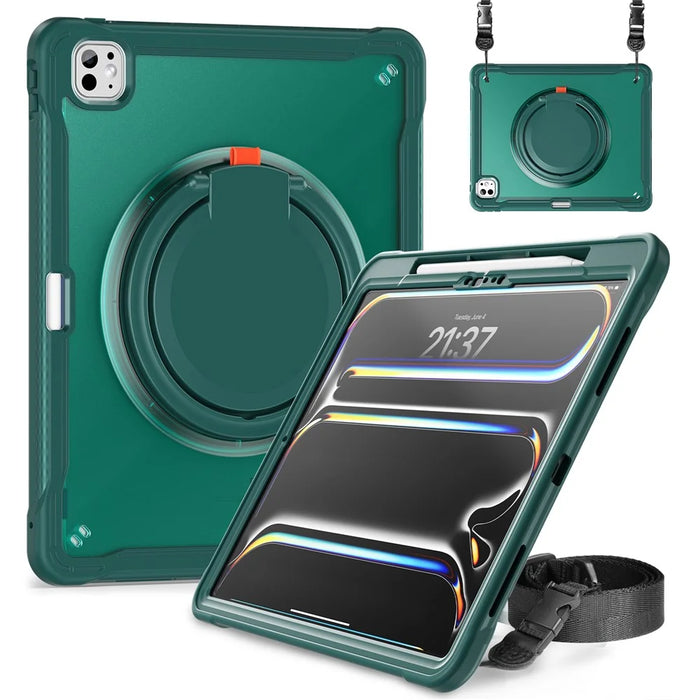 For iPad Pro 13 (2025) / (2024) Case Rotary Kickstand PC+TPU+Silicone Cover with Shoulder Strap - Midnight Green - 3