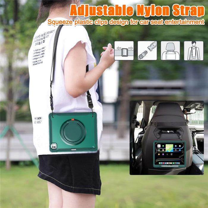 For iPad Pro 13 (2025) / (2024) Case Rotary Kickstand PC+TPU+Silicone Cover with Shoulder Strap - Midnight Green - 4