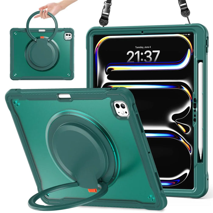 For iPad Pro 13 (2025) / (2024) Case Rotary Kickstand PC+TPU+Silicone Cover with Shoulder Strap - Midnight Green - 5