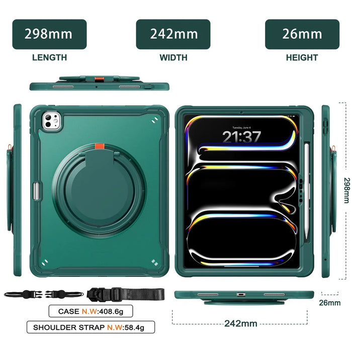 For iPad Pro 13 (2025) / (2024) Case Rotary Kickstand PC+TPU+Silicone Cover with Shoulder Strap - Midnight Green - 6