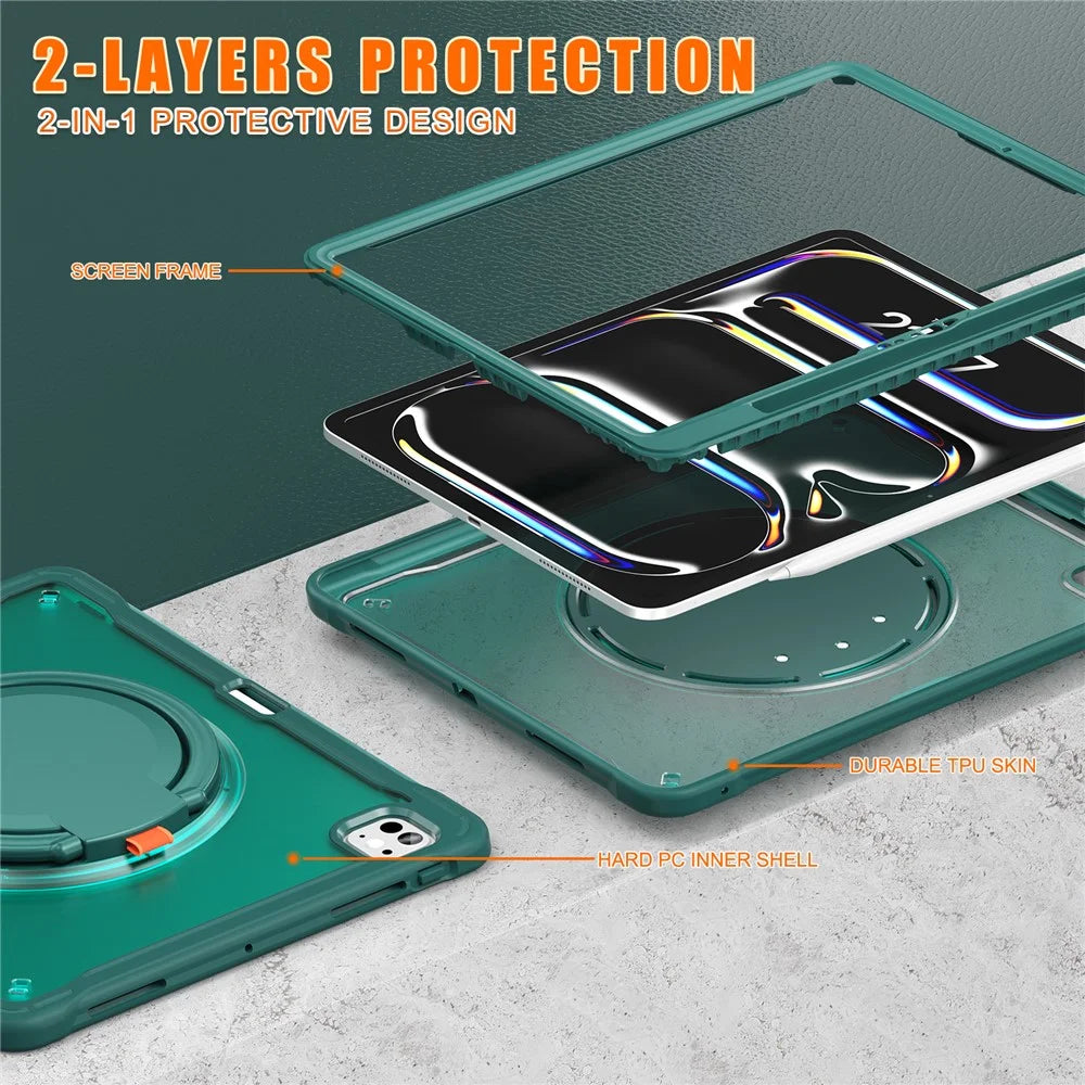 For iPad Pro 13 (2025) / (2024) Case Rotary Kickstand PC+TPU+Silicone Tablet Cover - Midnight Green - 3