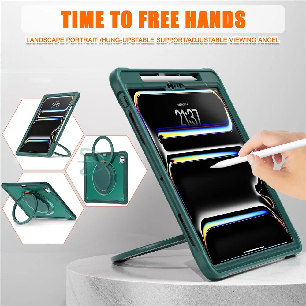 For iPad Pro 13 (2025) / (2024) Case Rotary Kickstand PC+TPU+Silicone Tablet Cover - Midnight Green - 7