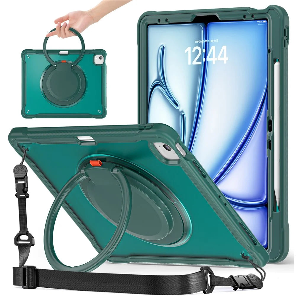 For iPad Air 13 (2026) / (2025) / (2024) / Pro 12.9 (2022) / (2021) / (2020) / (2018) Case Rotary Kickstand Cover with Shoulder Strap - Midnight Green - 1