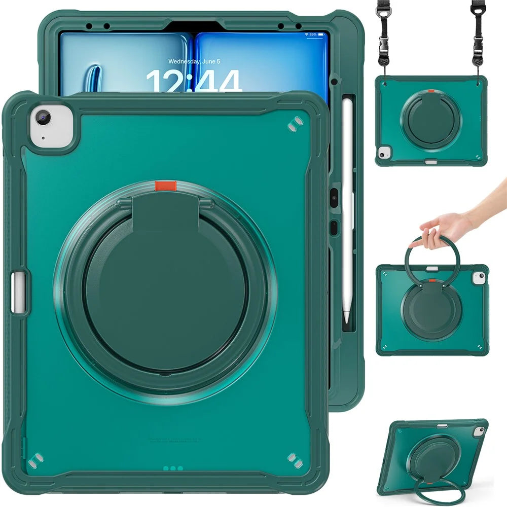 For iPad Air 13 (2026) / (2025) / (2024) / Pro 12.9 (2022) / (2021) / (2020) / (2018) Case Rotary Kickstand Cover with Shoulder Strap - Midnight Green - 2