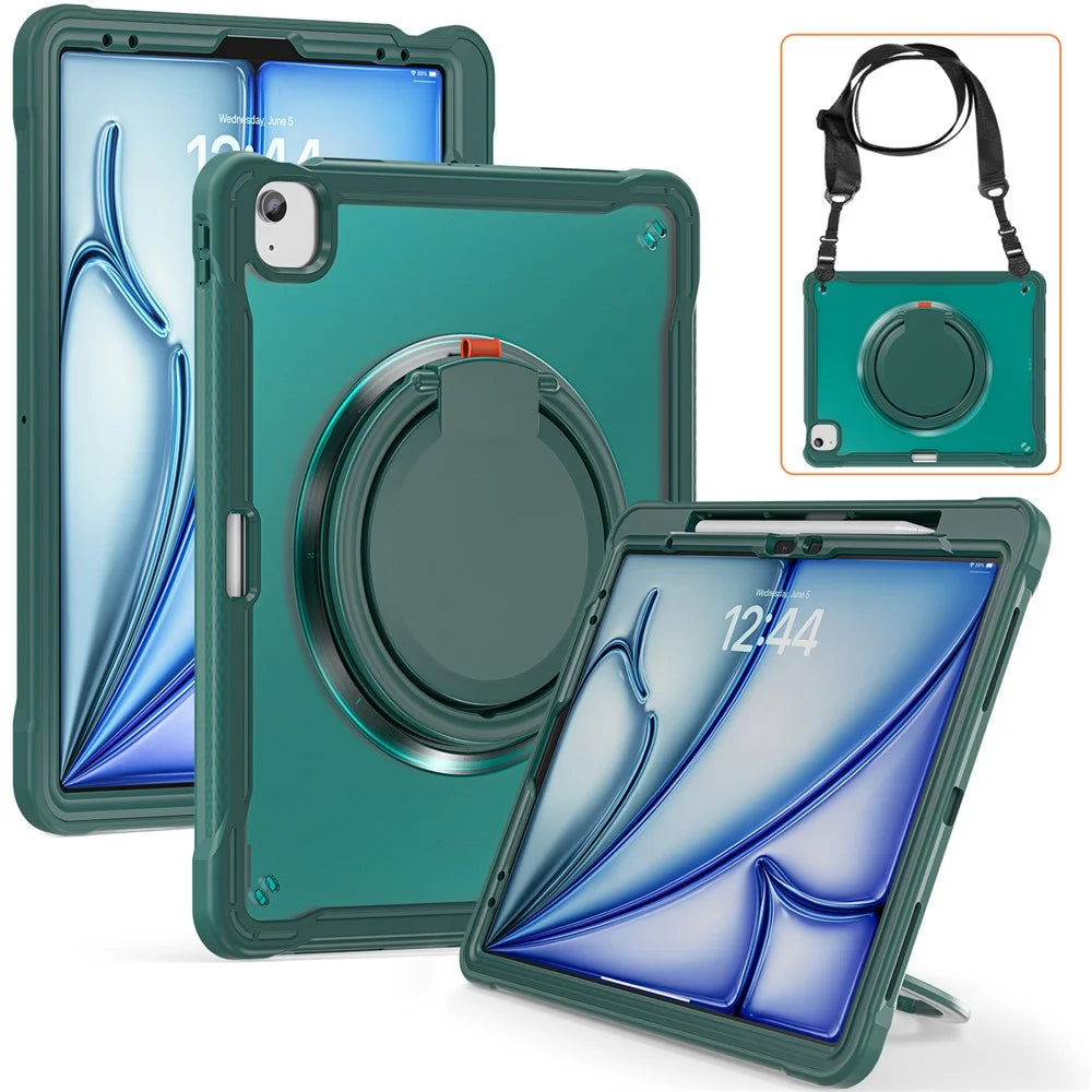 For iPad Air 13 (2026) / (2025) / (2024) / Pro 12.9 (2022) / (2021) / (2020) / (2018) Case Rotary Kickstand Cover with Shoulder Strap - Midnight Green - 3