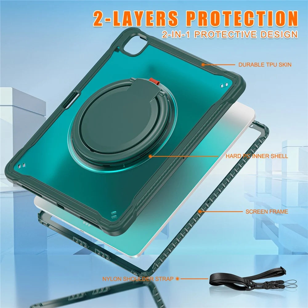 For iPad Air 13 (2026) / (2025) / (2024) / Pro 12.9 (2022) / (2021) / (2020) / (2018) Case Rotary Kickstand Cover with Shoulder Strap - Midnight Green - 4