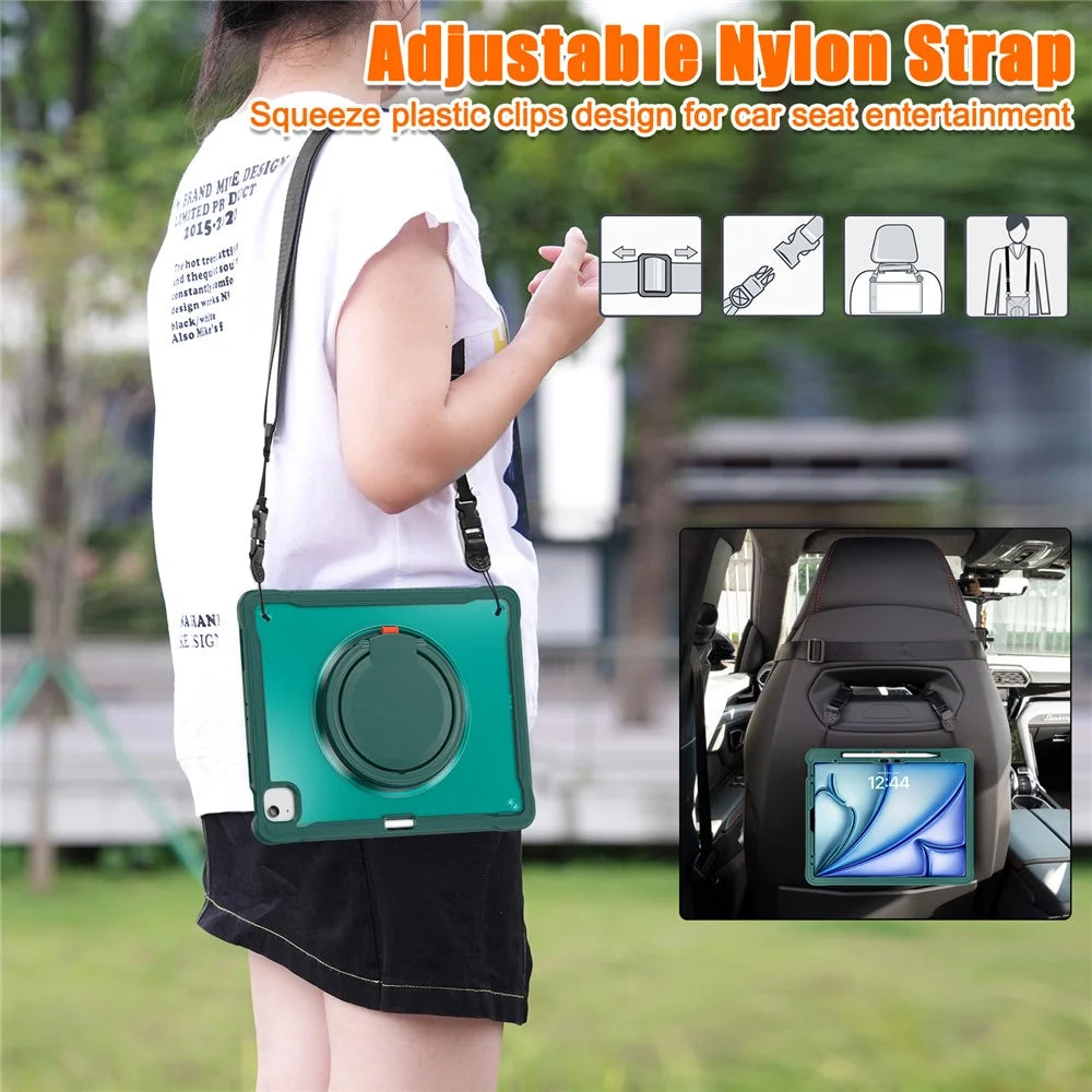 For iPad Air 13 (2026) / (2025) / (2024) / Pro 12.9 (2022) / (2021) / (2020) / (2018) Case Rotary Kickstand Cover with Shoulder Strap - Midnight Green - 5