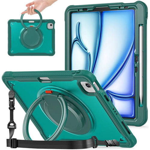 For iPad Air 11 (2026) / (2025) / (2024) / Air (2022) / (2020) / Pro 11 (2022) / (2021) / (2020) / (2018) Kickstand Cover with Shoulder Strap - Midnight Green - 1