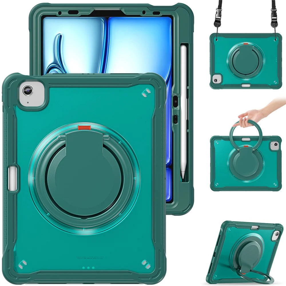For iPad Air 11 (2026) / (2025) / (2024) / Air (2022) / (2020) / Pro 11 (2022) / (2021) / (2020) / (2018) Kickstand Cover with Shoulder Strap - Midnight Green - 2