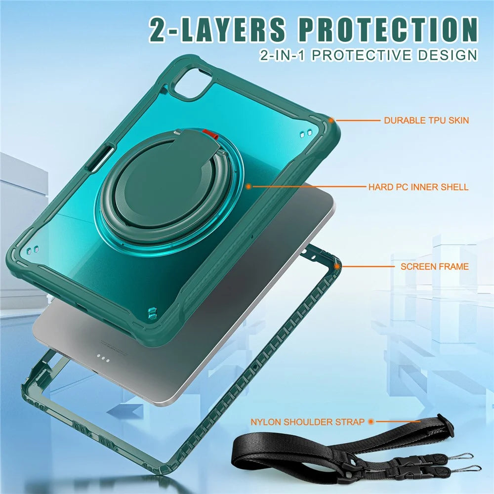 For iPad Air 11 (2026) / (2025) / (2024) / Air (2022) / (2020) / Pro 11 (2022) / (2021) / (2020) / (2018) Kickstand Cover with Shoulder Strap - Midnight Green - 3