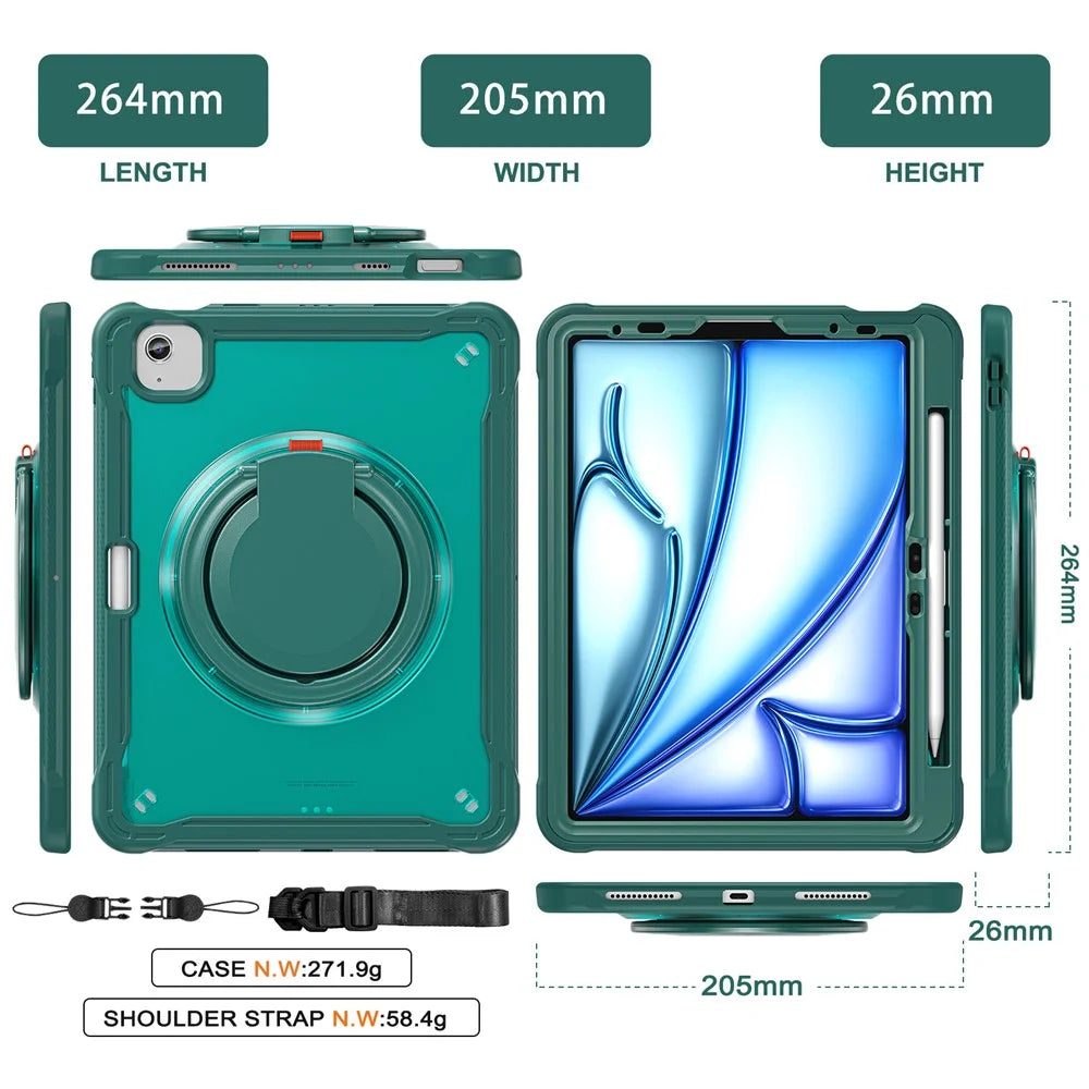 For iPad Air 11 (2026) / (2025) / (2024) / Air (2022) / (2020) / Pro 11 (2022) / (2021) / (2020) / (2018) Kickstand Cover with Shoulder Strap - Midnight Green - 7