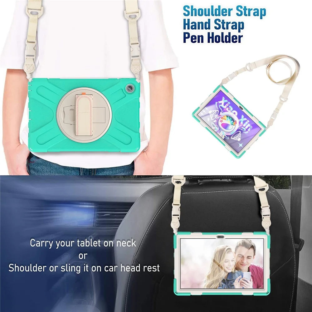For Lenovo Tab M10 Plus (3rd Gen) / Xiaoxin Pad 2022 10.6 inch TB-125F / TB-128F 360 Degree Rotatable Hand Strap Tablet Case PC + Silicone Kickstand Cover with Shoulder Strap - Mint Green - 5