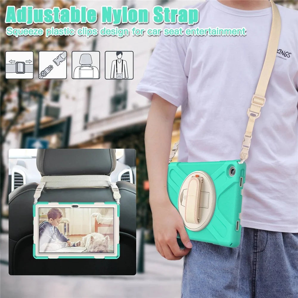 For Lenovo Tab M10 Plus (3rd Gen) / Xiaoxin Pad 2022 10.6 inch TB-125F / TB-128F 360 Degree Rotatable Hand Strap Tablet Case PC + Silicone Kickstand Cover with Shoulder Strap - Mint Green - 7