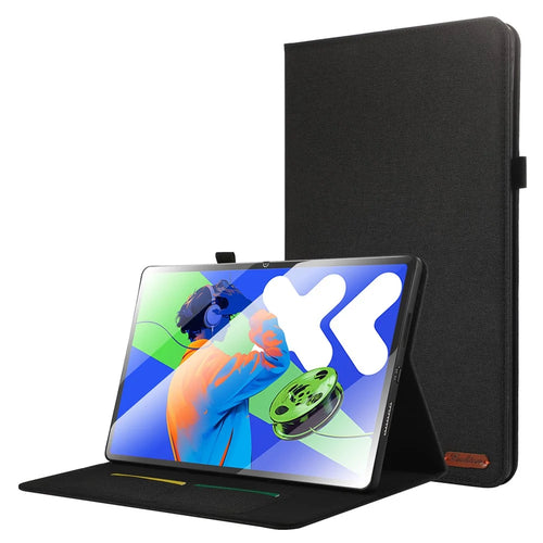 For Lenovo Xiaoxin Pad Pro 12.7 inch Leather Case Card Holder Cloth Texture Tablet Stand Cover - Black - 1