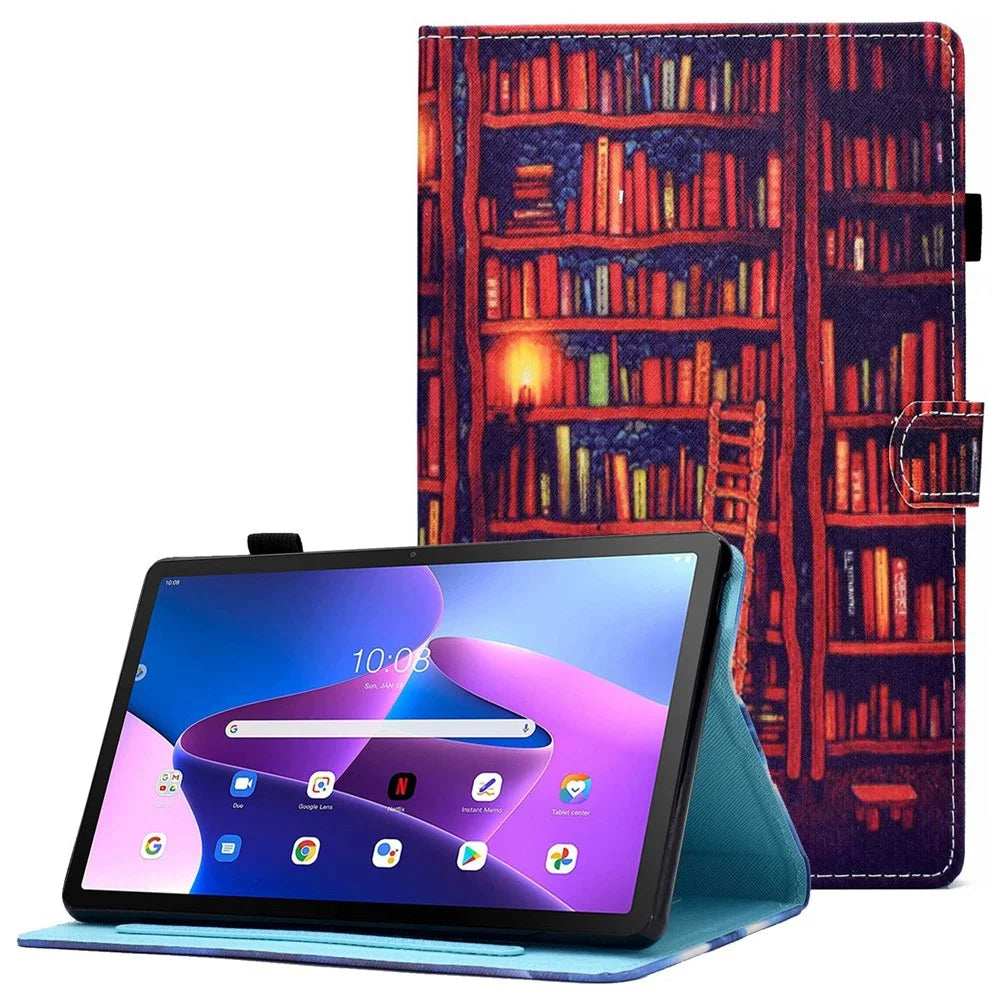 PU Leather Stand Tablet Case for Lenovo Tab M10 Plus (3rd Gen) / Xiaoxin Pad 2022 10.6 inch, Stitching Pattern Printing Card Holder Cover - Bookshelf - 1
