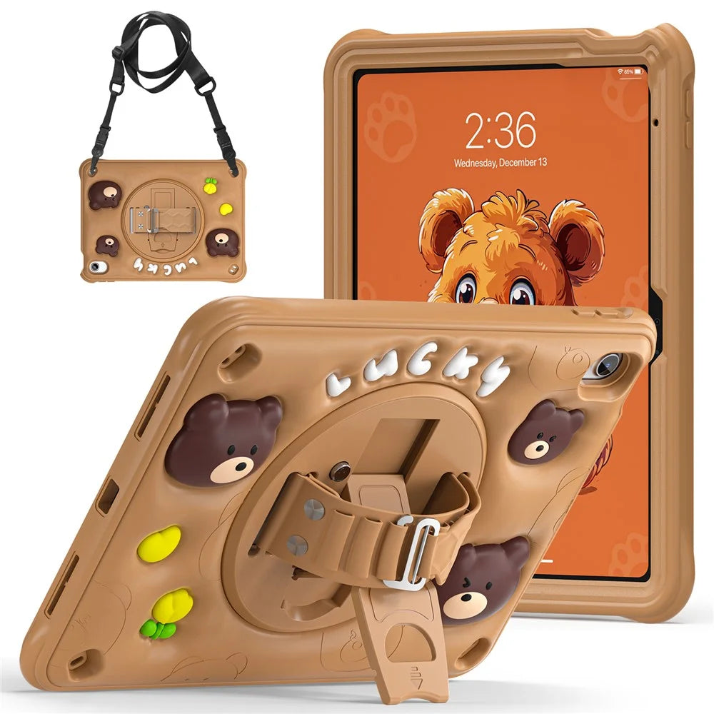 For iPad (2025) / 10.9 (2022) Case with Shoulder Strap Bear Pattern PC+Silicone+TPU Kickstand Tablet Cover - 1