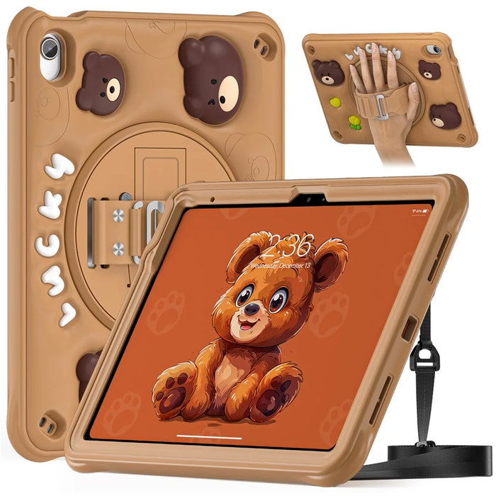For iPad (2025) / 10.9 (2022) Case with Shoulder Strap Bear Pattern PC+Silicone+TPU Kickstand Tablet Cover - 2