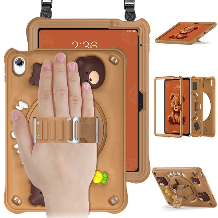 For iPad (2025) / 10.9 (2022) Case with Shoulder Strap Bear Pattern PC+Silicone+TPU Kickstand Tablet Cover - 3