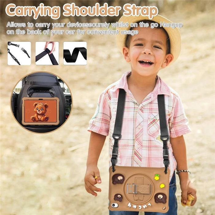 For iPad (2025) / 10.9 (2022) Case with Shoulder Strap Bear Pattern PC+Silicone+TPU Kickstand Tablet Cover - 4
