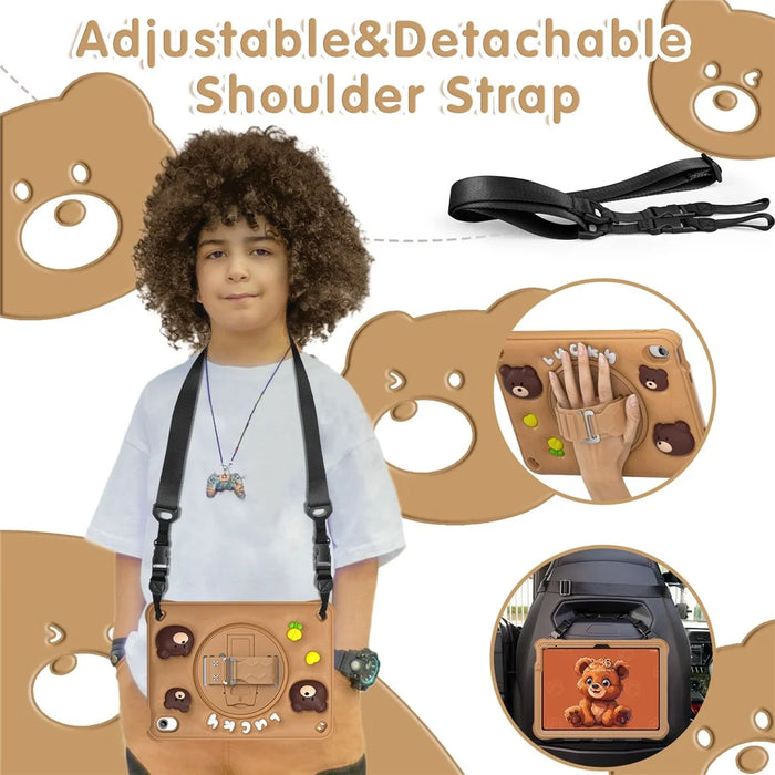 For iPad (2025) / 10.9 (2022) Case with Shoulder Strap Bear Pattern PC+Silicone+TPU Kickstand Tablet Cover - 5