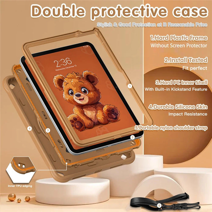 For iPad (2025) / 10.9 (2022) Case with Shoulder Strap Bear Pattern PC+Silicone+TPU Kickstand Tablet Cover - 6