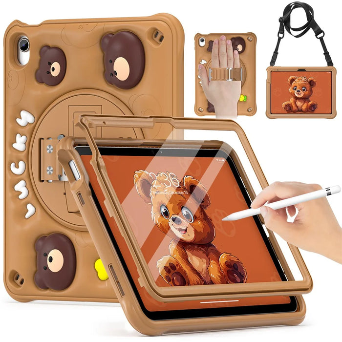 For iPad (2025) / 10.9 (2022) Case with Shoulder Strap Bear Pattern PC+Silicone+TPU Kickstand Tablet Cover - 7