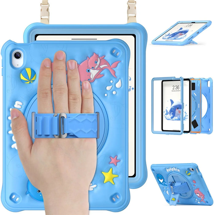 For iPad (2025) / 10.9 (2022) Case with Shoulder Strap Kickstand PC+Silicone+TPU Cute Dolphin Cover - 3