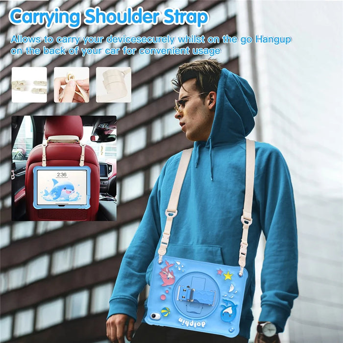 For iPad (2025) / 10.9 (2022) Case with Shoulder Strap Kickstand PC+Silicone+TPU Cute Dolphin Cover - 4
