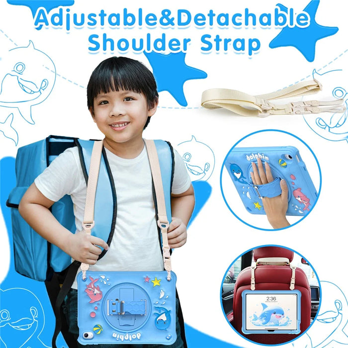 For iPad (2025) / 10.9 (2022) Case with Shoulder Strap Kickstand PC+Silicone+TPU Cute Dolphin Cover - 5