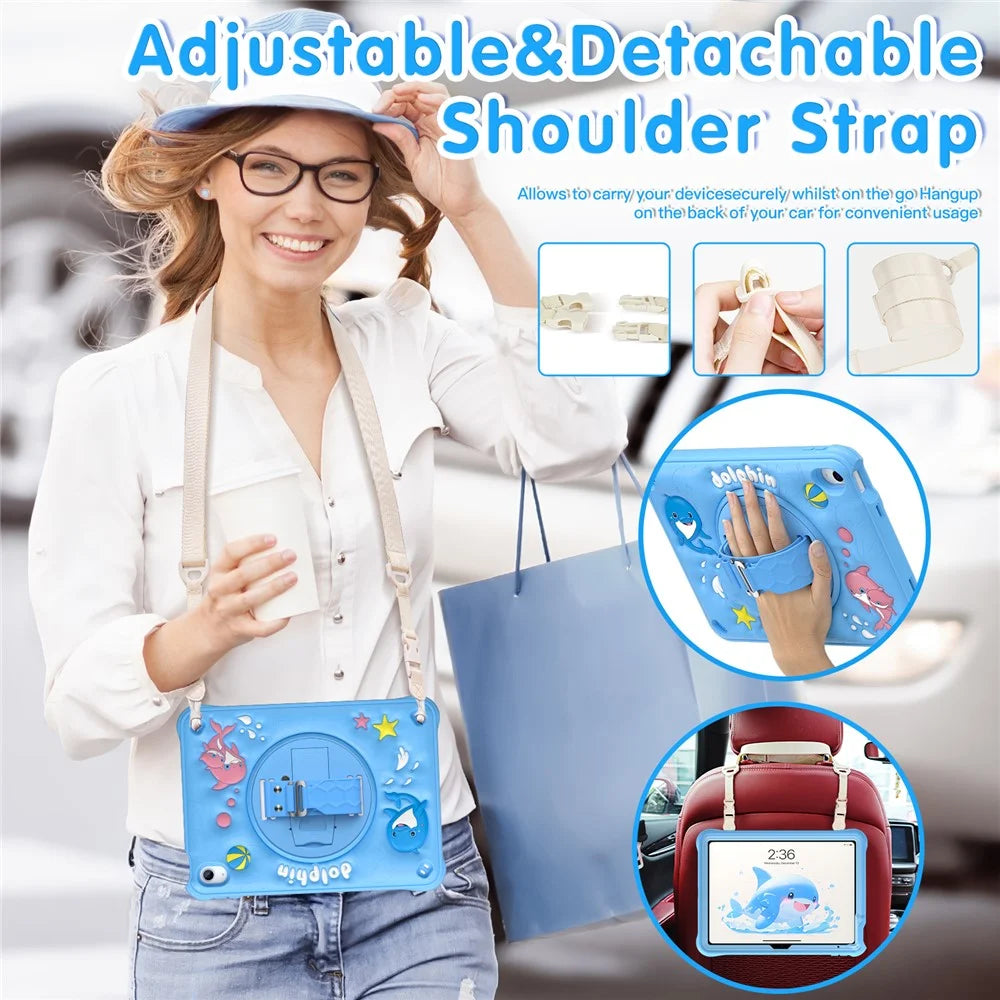 For iPad (2025) / 10.9 (2022) Case with Shoulder Strap Kickstand PC+Silicone+TPU Cute Dolphin Cover - 6