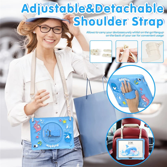 For iPad (2025) / 10.9 (2022) Case with Shoulder Strap Kickstand PC+Silicone+TPU Cute Dolphin Cover - 6