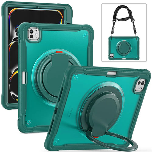 For iPad Pro 11 (2025) / 11 (2024) Case Rotary Kickstand PC+TPU+Silicone Cover with Shoulder Strap - Midnight Green - 1