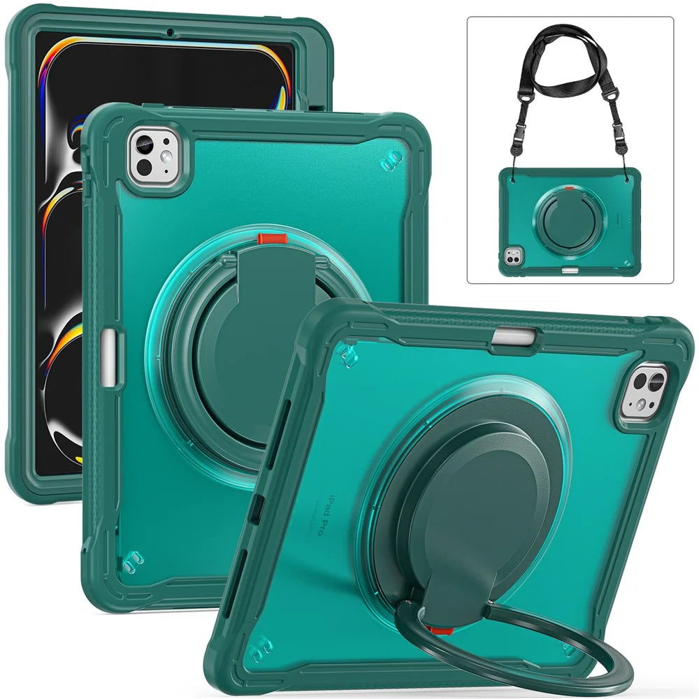 For iPad Pro 11 (2025) / 11 (2024) Case Rotary Kickstand PC+TPU+Silicone Cover with Shoulder Strap - Midnight Green - 1