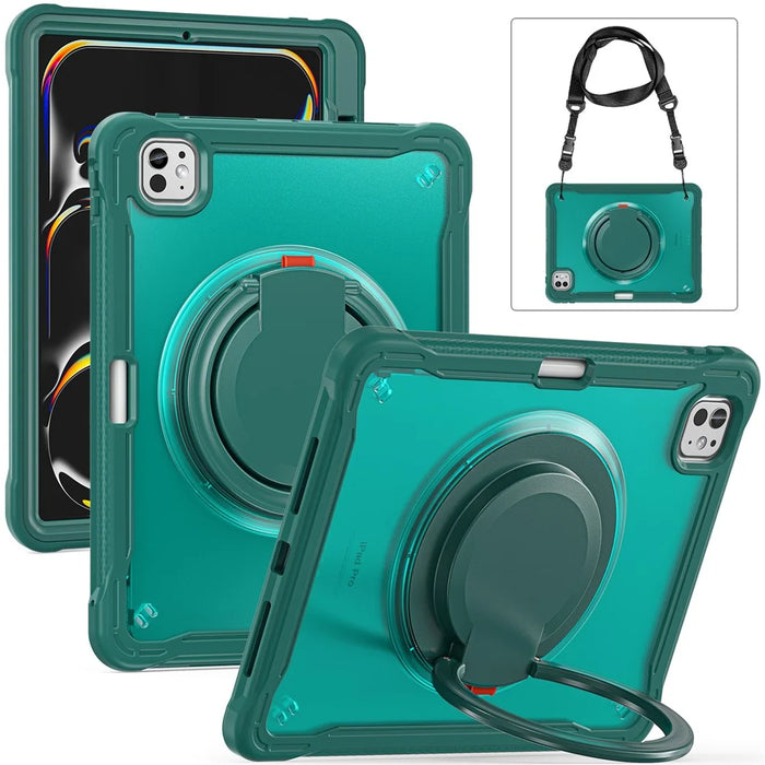 For iPad Pro 11 (2025) / 11 (2024) Case Rotary Kickstand PC+TPU+Silicone Cover with Shoulder Strap - Midnight Green - 1