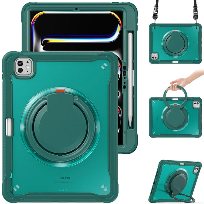 For iPad Pro 11 (2025) / 11 (2024) Case Rotary Kickstand PC+TPU+Silicone Cover with Shoulder Strap - Midnight Green - 2