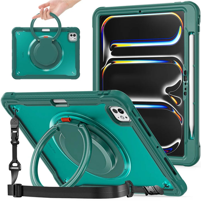 For iPad Pro 11 (2025) / 11 (2024) Case Rotary Kickstand PC+TPU+Silicone Cover with Shoulder Strap - Midnight Green - 3