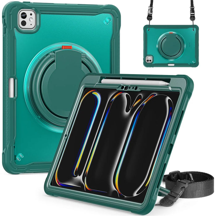 For iPad Pro 11 (2025) / 11 (2024) Case Rotary Kickstand PC+TPU+Silicone Cover with Shoulder Strap - Midnight Green - 4