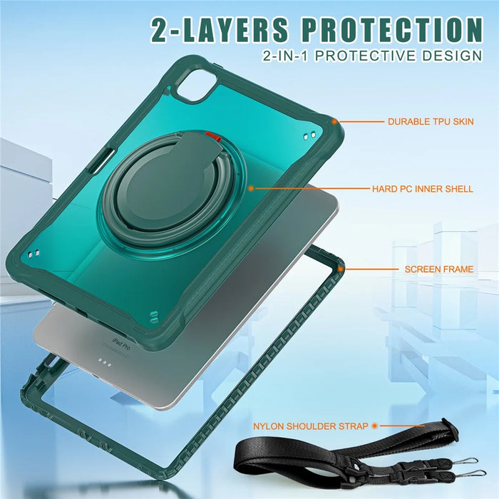 For iPad Pro 11 (2025) / 11 (2024) Case Rotary Kickstand PC+TPU+Silicone Cover with Shoulder Strap - Midnight Green - 5