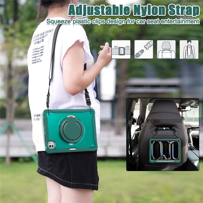 For iPad Pro 11 (2025) / 11 (2024) Case Rotary Kickstand PC+TPU+Silicone Cover with Shoulder Strap - Midnight Green - 6