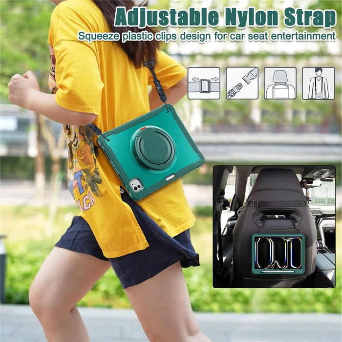 For iPad Pro 11 (2025) / 11 (2024) Case Rotary Kickstand PC+TPU+Silicone Cover with Shoulder Strap - Midnight Green - 7