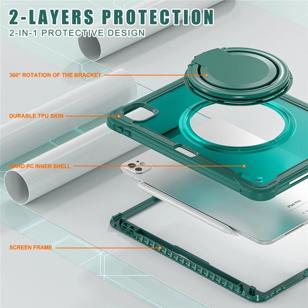 For iPad Pro 11 (2025) / 11 (2024) Case Rotary Kickstand PC+TPU+Silicone Tablet Cover - Midnight Green - 3