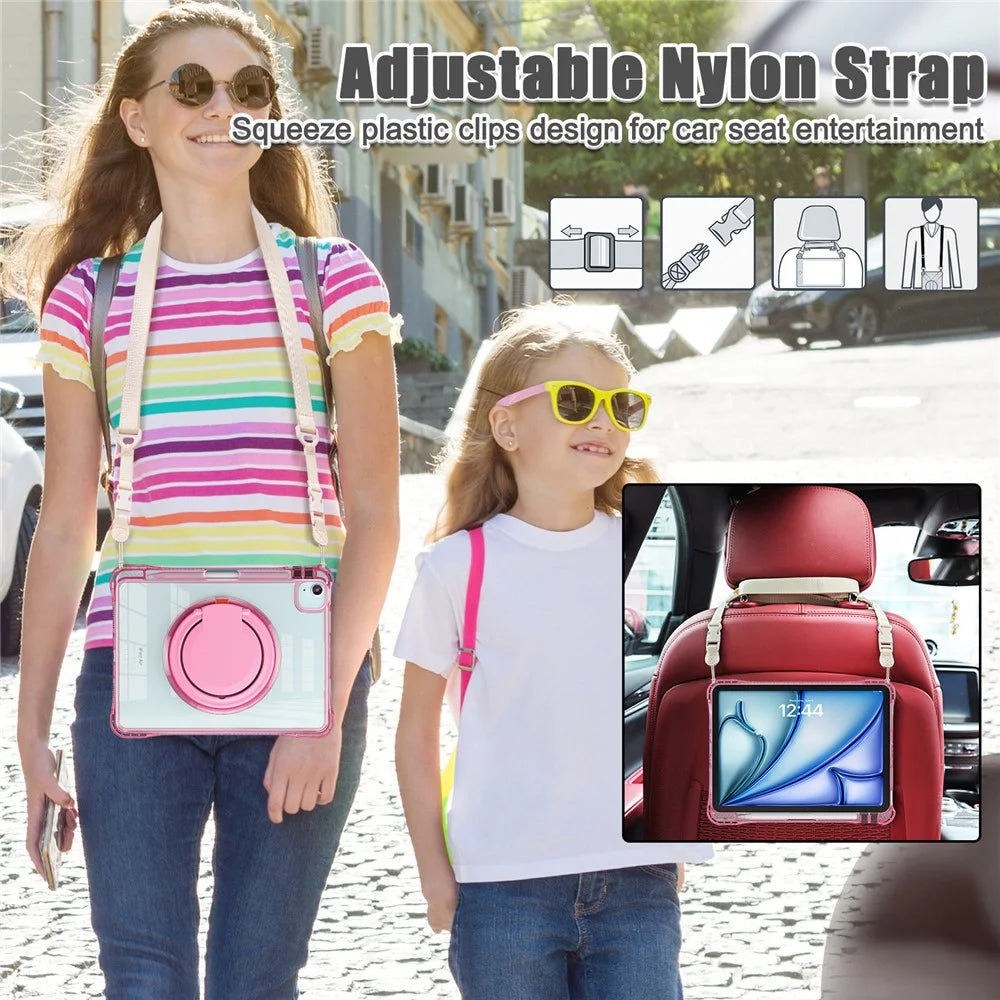 For iPad Air 11 (2026) / (2025) / (2024) / Air (2022) / (2020) / Pro 11 (2022) / (2021) / (2020) / (2018) Case with Shoulder Strap Kickstand- Rose - 2