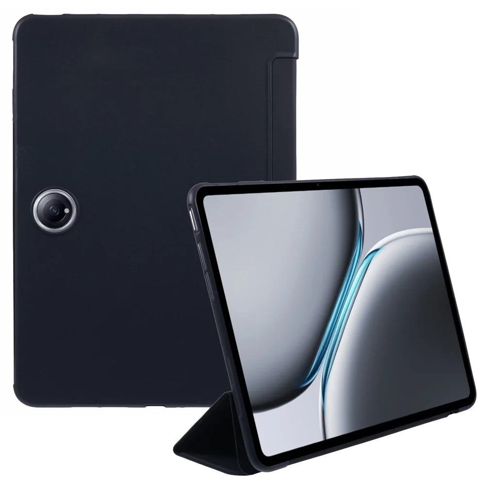 For OnePlus Pad 2 Case PU Leather+Silicone Tri-Fold Stand Tablet Cover - Black - 1