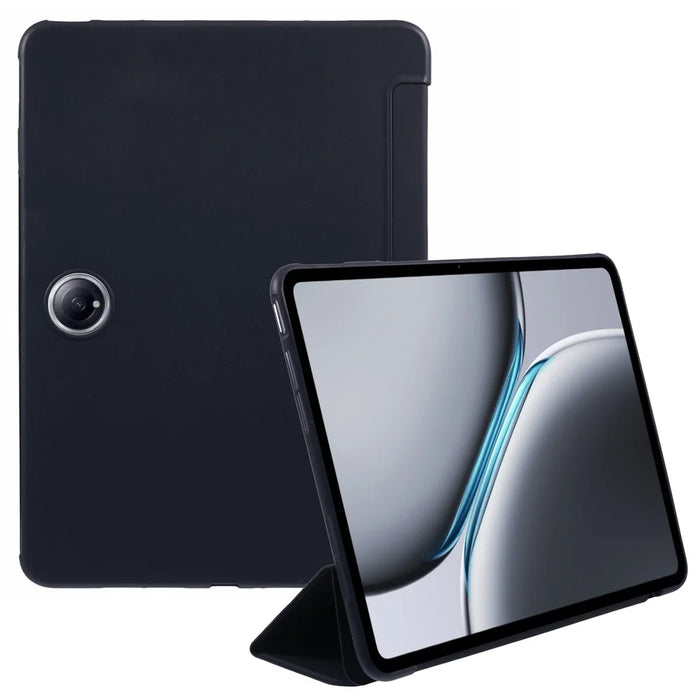 For OnePlus Pad 2 Case PU Leather+Silicone Tri-Fold Stand Tablet Cover - Black - 1