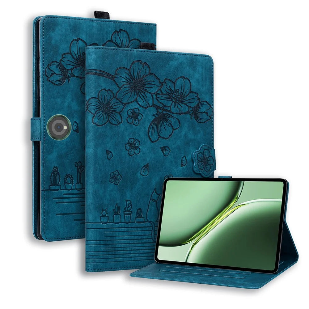 For OnePlus Pad Pro / Pad 2 Case Card Slots Leather Tablet Stand Folio Cover Flower Cat - Blue - 1